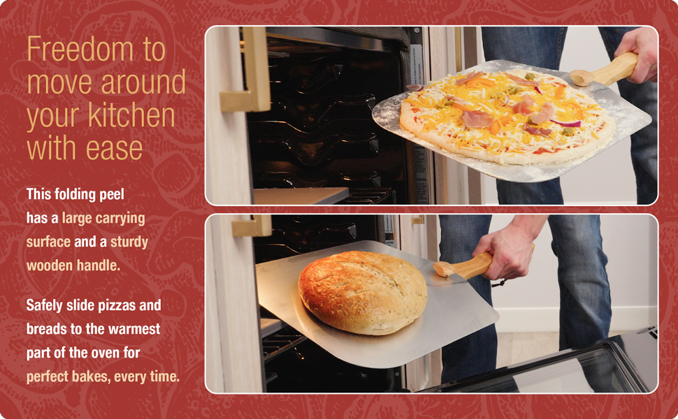 The folding peel has a large carrying surface and sturdy wooden handle.