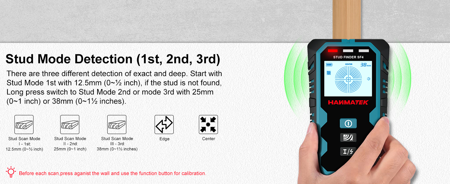Text: 'Stud Mode Detection (1st, 2nd, 3rd)'. Technical interface display with icons and measurement indicators on device screen.