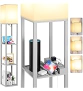 FOLKSMATE LED Shelf Floor Lamp, Modern Touch Control Dimmable Standing Lamp with 2 USB Ports and ...