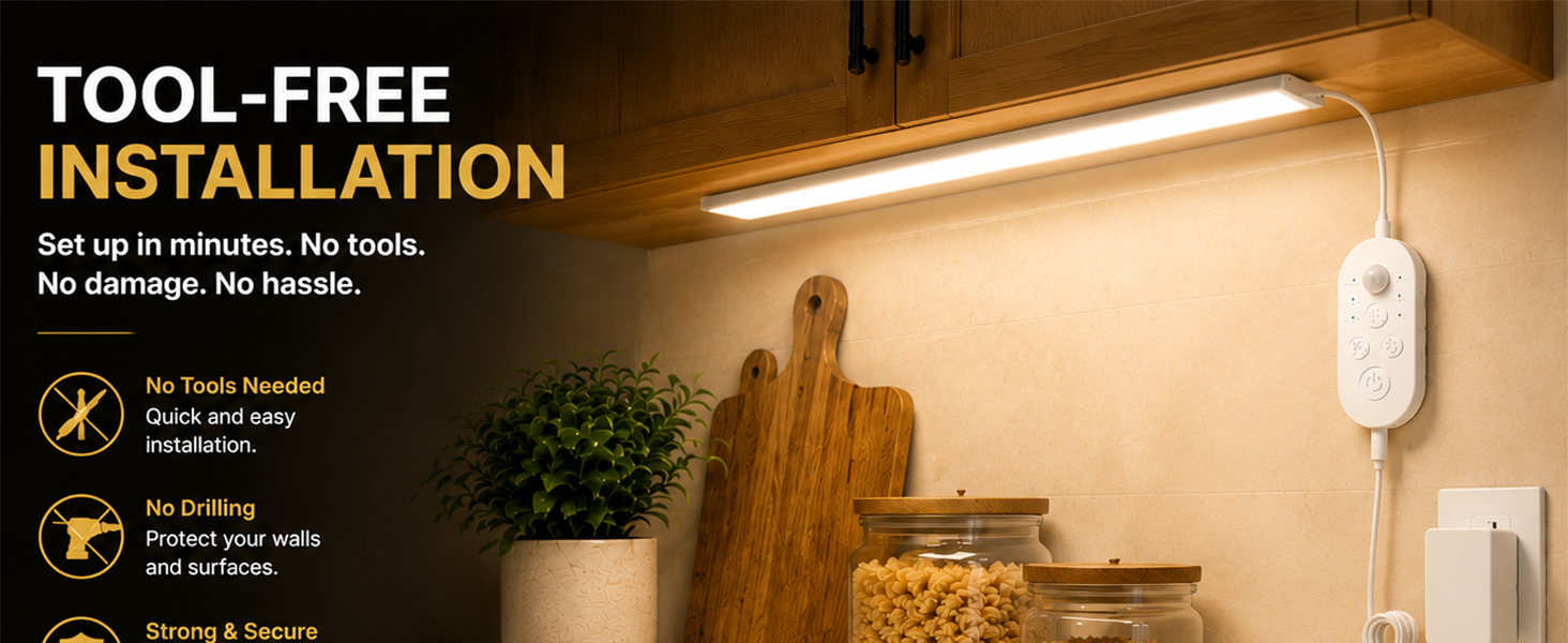 Tool-free installation with adhesive hook-and-loop tape for quick under cabinet light mounting.