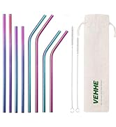 VEHHE Reusable Straws 8 Set Multi Color Stainless Steel Straws - Cleaning Brush for 20 Oz (Rainbo...