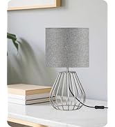 GOEBLESON Small Table Lamp, Bedside Lamp with Gray Linen Lampshade &amp; Silver Metal Base, Modern Ni...