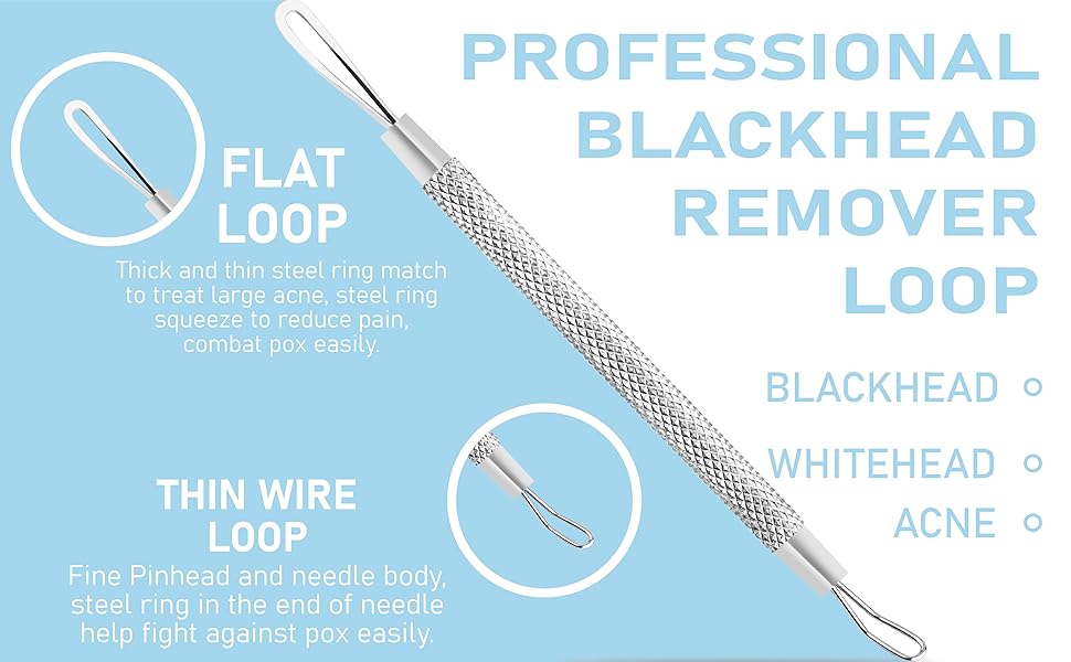 Professional blackhead remover tool with flat and thin wire loops. Metal instrument features textured grip and dual-ended design for removing blackheads, whiteheads, and acne.