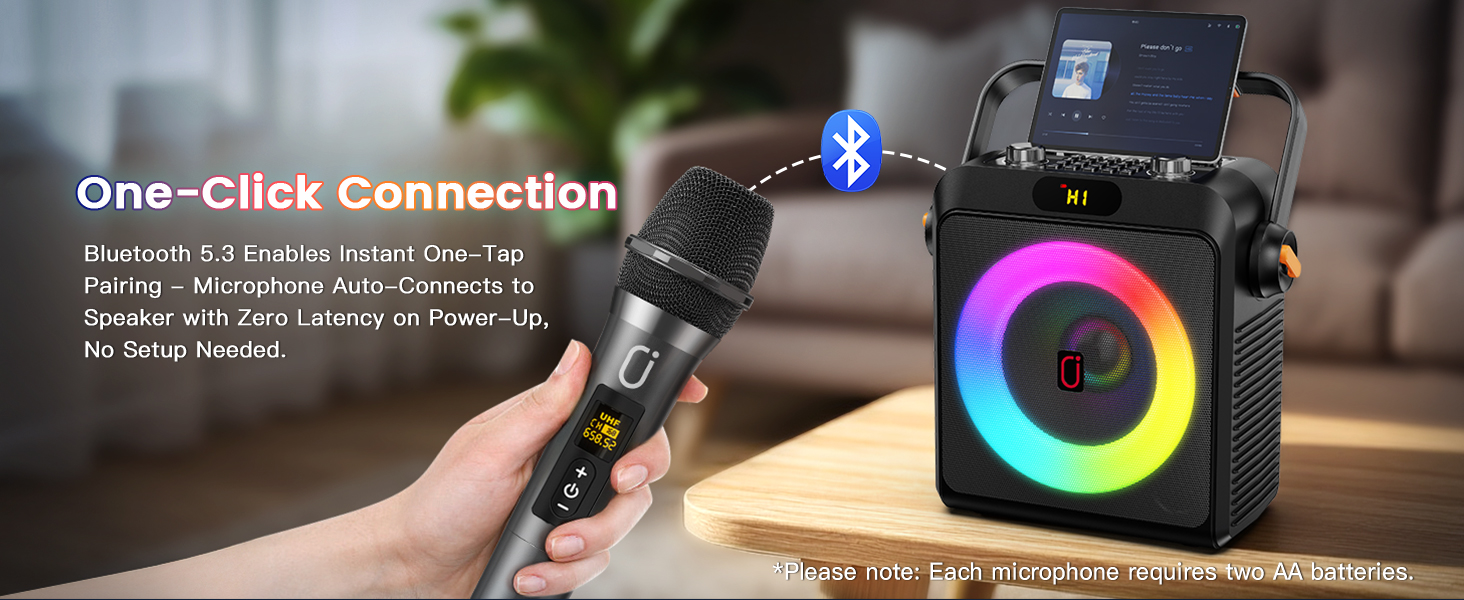 Once the microphone is turned on, it can be connected to the karaoke machine with one click.