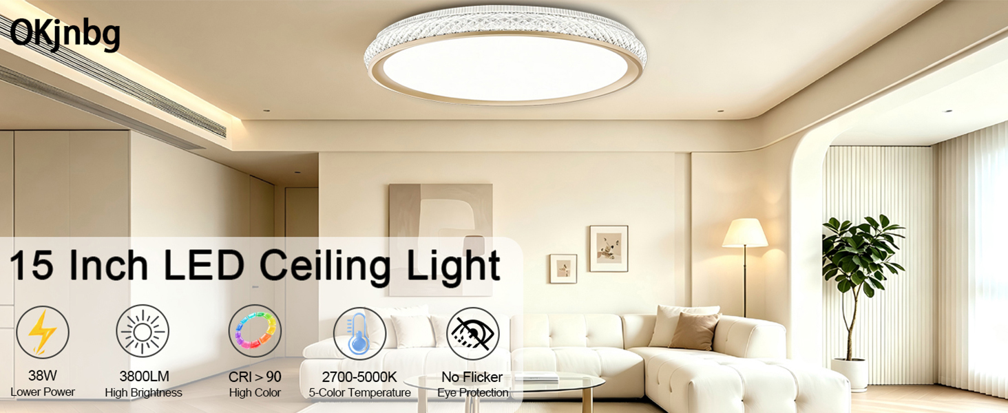 Flush Mount Ceiling Light Dimmable LED Gold Modern Lighting Fixture for Kitchen Bedroom Bathroom 