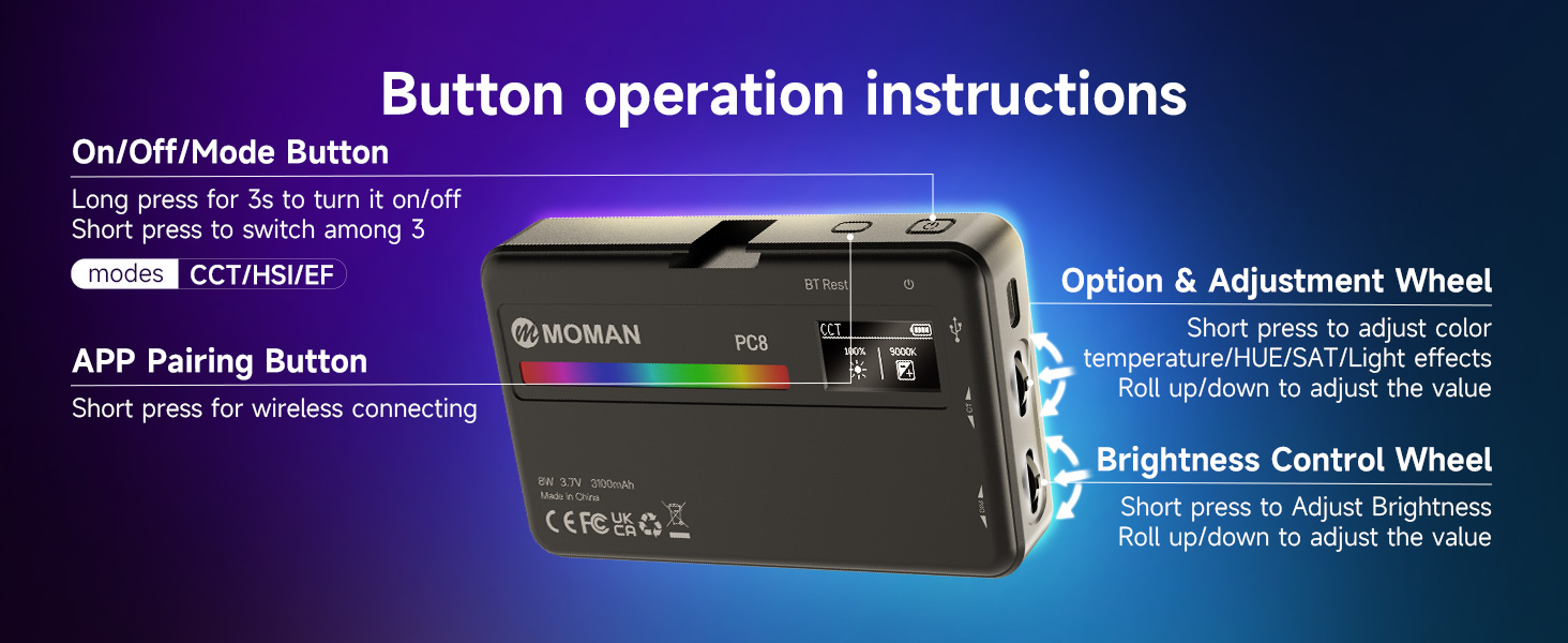 Technical diagram showing button operation instructions for a device, highlighting control wheels and pairing buttons on dark background.
