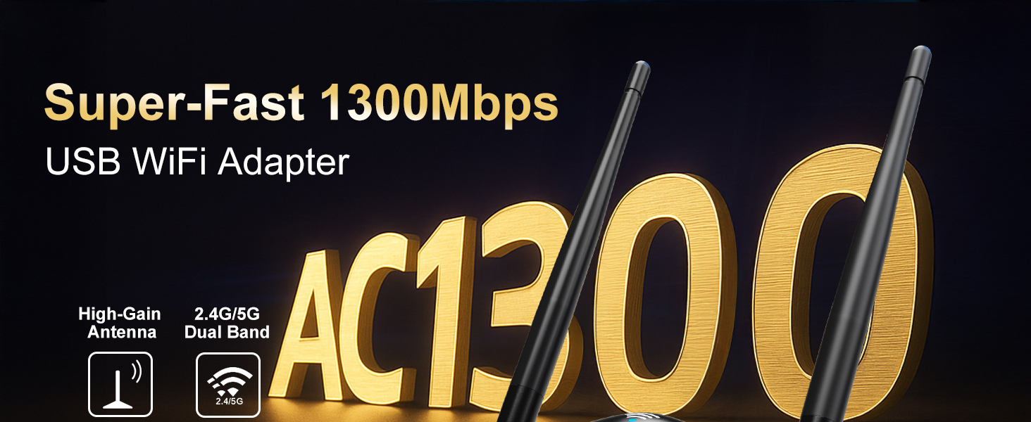 WiFi Adapter for Desktop PC Wireless 1300Mbps USB Network Dongle with 5dBi High Gain Dual Antennas