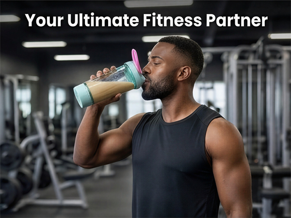 Man drinking from electric shaker bottle in gym after mixing a protein shake.
