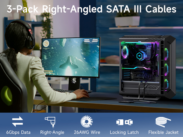 Cable Matters 3-pack 6gbps right angle sata cable for ssds, hdds, and optical drives