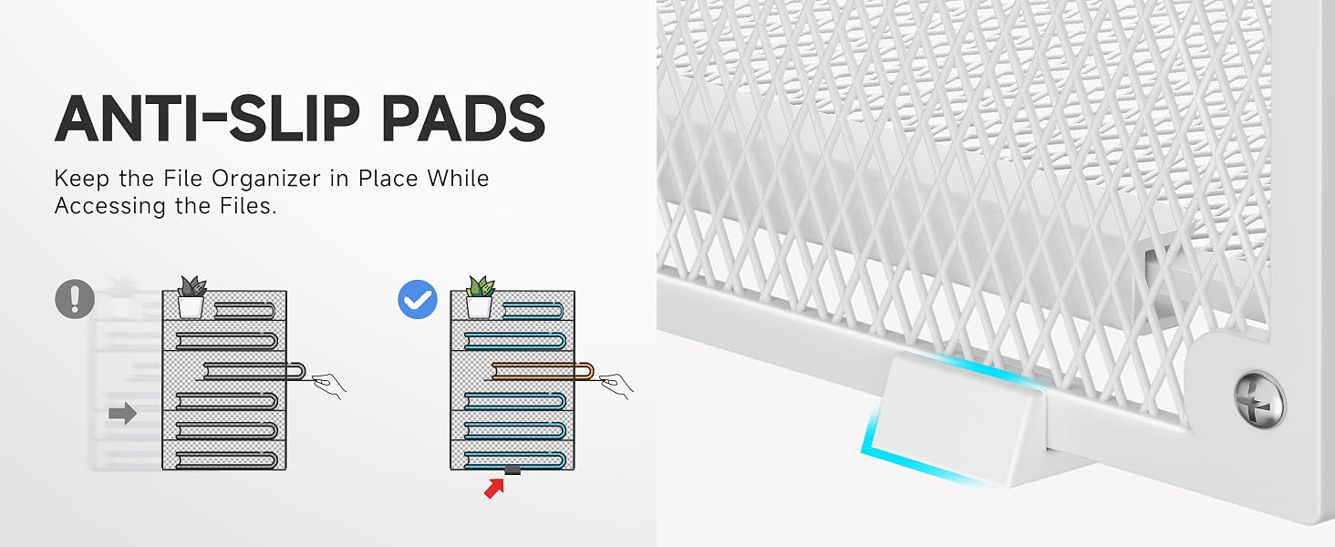 Each white folder organizer is equipped with anti-slip pads to prevent movement.