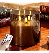 NICEME Extra Large 3 Wick Battery Operated Candle, 6"x6" Big Clear Glass Flameless Candles with R...