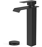 FORIOUS Matte Black Vessel Bathroom Sink Faucets 1 Hole, Tall Waterfall Bathroom Faucet Single Ha...