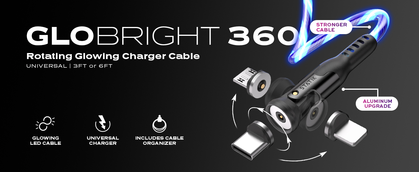 magnetic charge cable fast charging android rotates 360 degrees with unbreakable nylon cord led glow