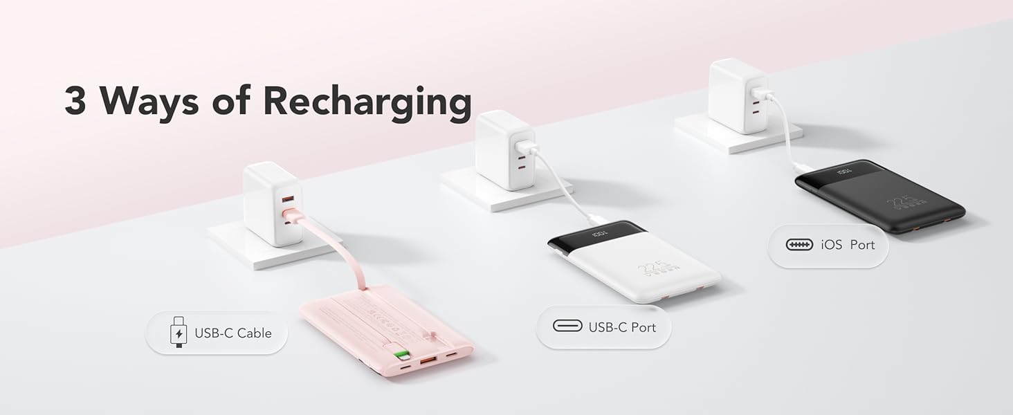 3 Ways of Recharging. 1. Built-in USB-C Cable. 2. USB-C Input Port. 3. Lightning Input Port.