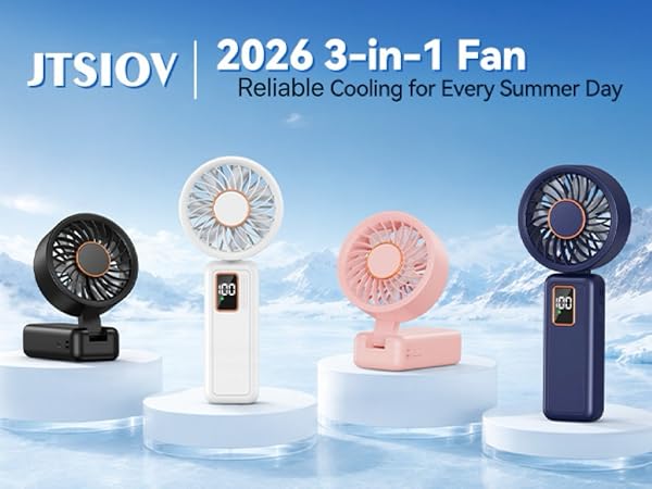 Text reads 'JTSJOY 2026 3-in-1 Fan' and 'Reliable Cooling for Every Summer Day'. Four portable fans in black, white, pink, and navy blue displayed on icy blue background with remote control shown.