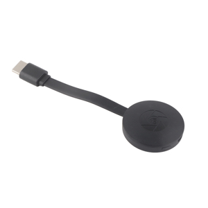 Black Chromecast-style streaming device with round puck shape and attached cable, shown from multiple angles against white background.