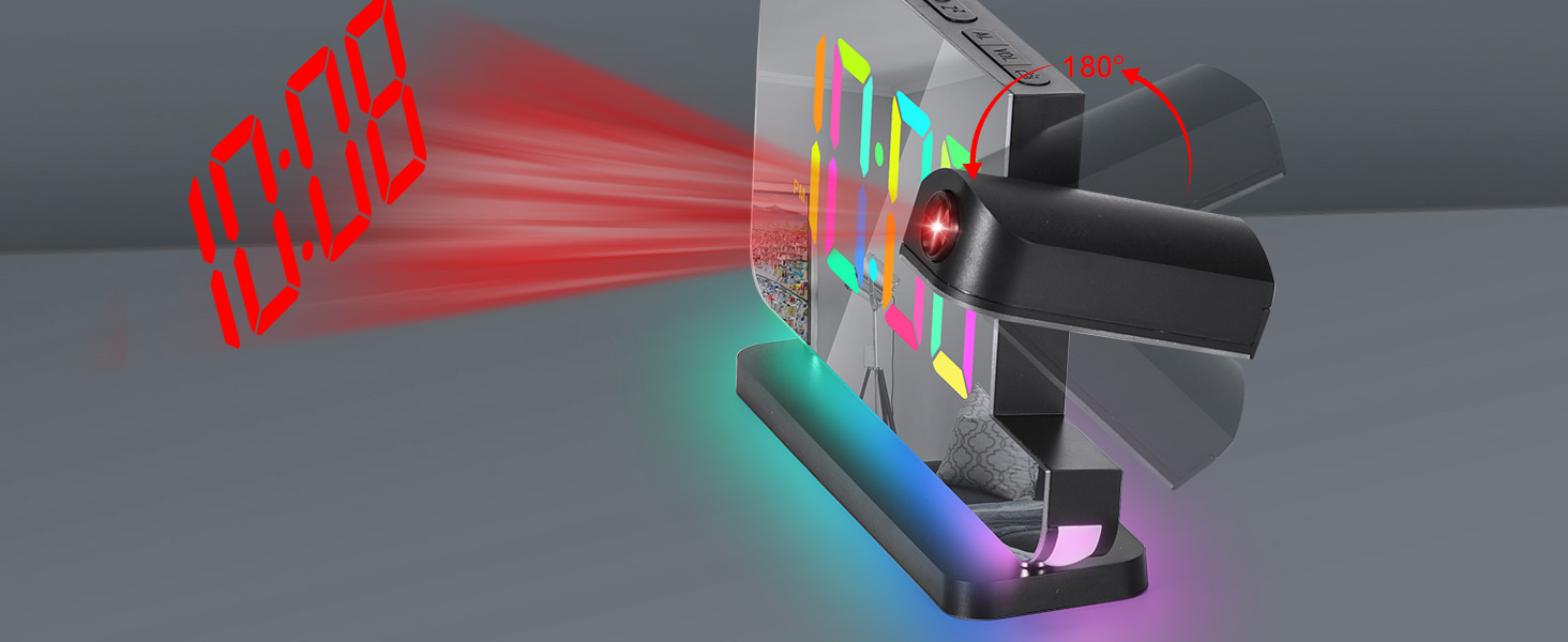 Projection Alarm Clock,7.4 in LED Mirror Digital Clocks Projection on Ceiling Wall,RGB Night Light