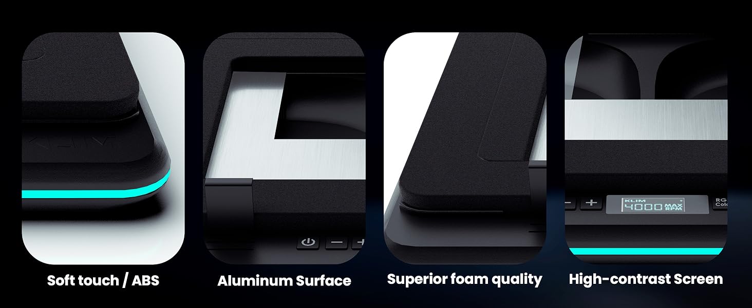 Four panel product feature showcase displaying: 'soft touch / soft', 'aluminum surface', 'superior finish quality', and 'high-intensive frames'. Shows close-up details of device construction.