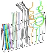 Rulyyo Acrylic Straw Holder for Cabinet - 9.5 Inch Clear Reusable Straw Organizer Dispenser with ...