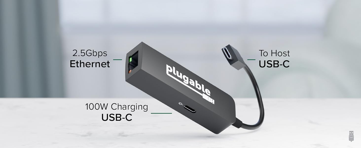 Plugable USB C 2.5Gbps ethernet adapter port, 100W pass through USB C charging port, USB-C to host