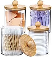 4 Pack Qtip Holder Dispenser with Bamboo Lids - 10 oz Clear Plastic Apothecary Jar Containers for...