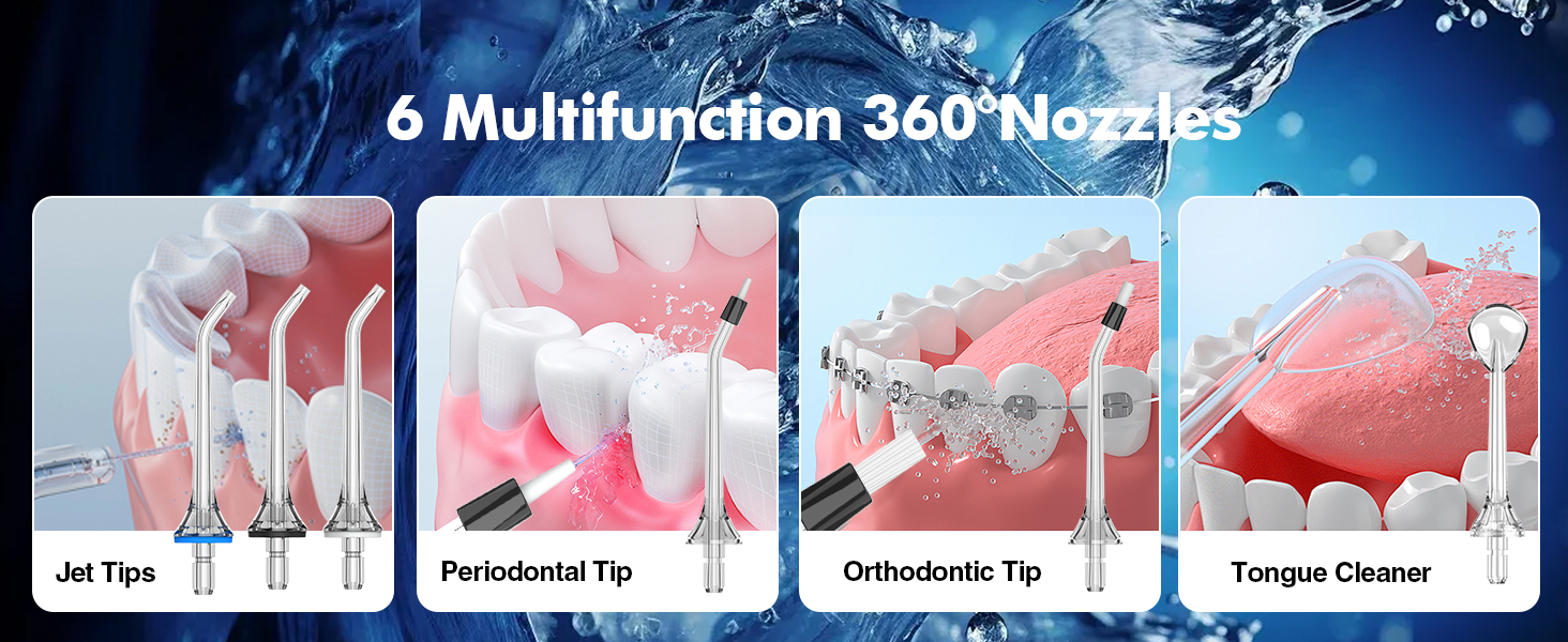 Dental water flosser accessory display showing 6 multifunction 360° nozzles including jet tips, periodontal tip, orthodontic tip, and tongue cleaner.