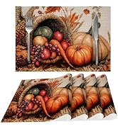 Thanksgiving Pumpkin Placemats Set of 4 Washable Table Place Mats for Dining Kitchen Party Decor