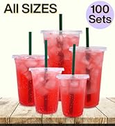 Aatriet Clear Plastic Cups with Lids and Straws – [100 Sets - 20 oz] To Go Plastic Coffee Cups wi...
