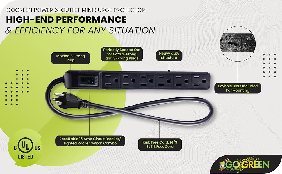 Go Green Power GG-16103MINBK 6 Outlet Surge Protector, Black