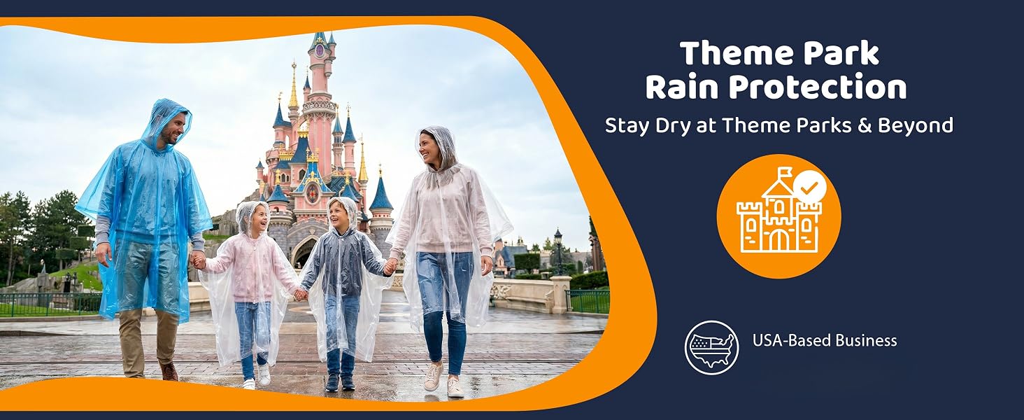 Family in rain ponchos at a theme park