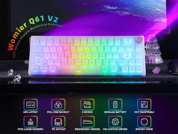 Wireless 60% Percent Keyboard, QMK/VIA Gaming Keyboard, Tri-Mode Thocky Creamy Mechanical Keyboard