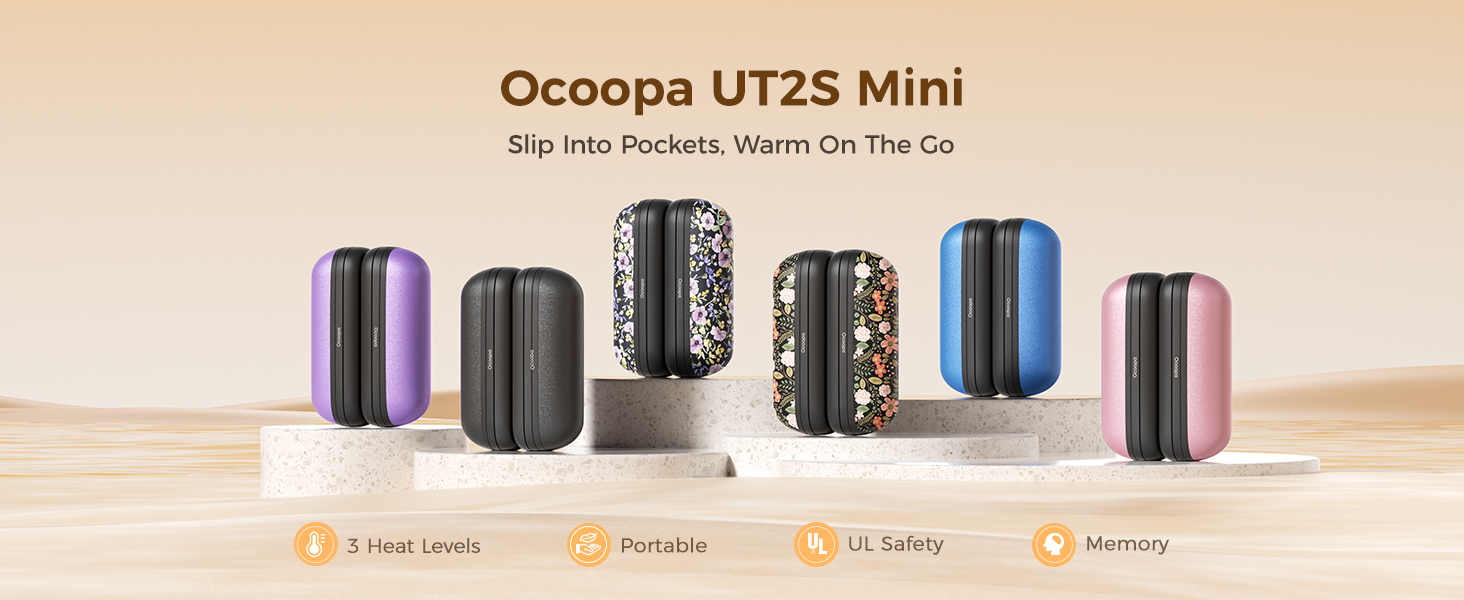 Woman using OCOOPA rechargeable hand warmer, pocket heater and winter essential gift.