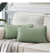 Fancy Homi Pack of 2 Sage Green Lumbar Decorative Throw Pillow Covers with Pom-poms, Soft Corduro...