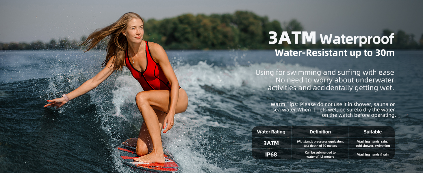 Text reads '3ATM Waterproof, Water Resistant up to 30M'. Advertisement showing water activities with technical specifications and water resistance ratings displayed.