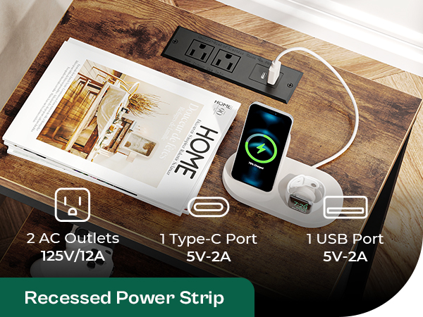 Nightstand with Charging Station, Bed Side Table