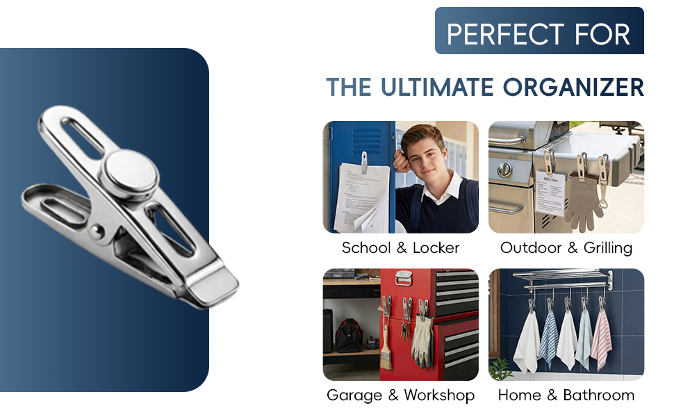 Versatile heavy-duty clips used in lockers, BBQ grills, workshops, and bathrooms.