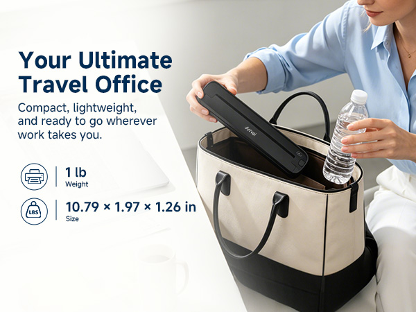Woman carries the compact 1 lb ST80A travel printer beside a laptop, handbag, and water bottle