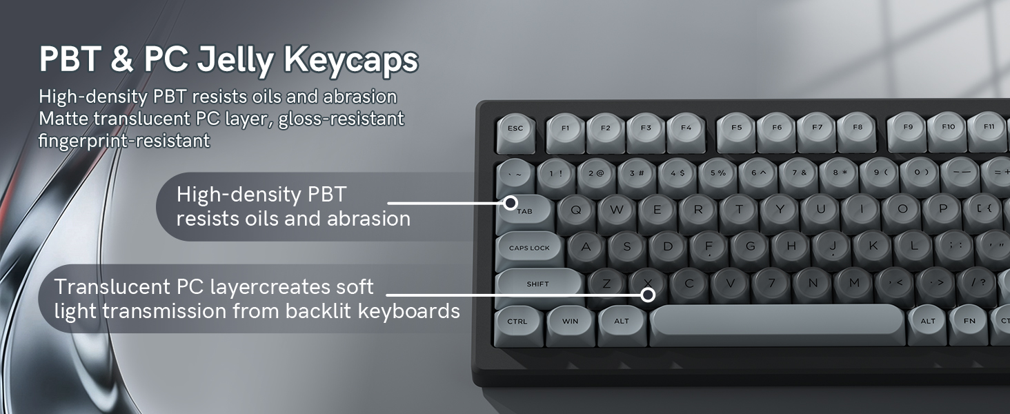 Premium PBT + PC 129-key keycaps, soft translucent finish