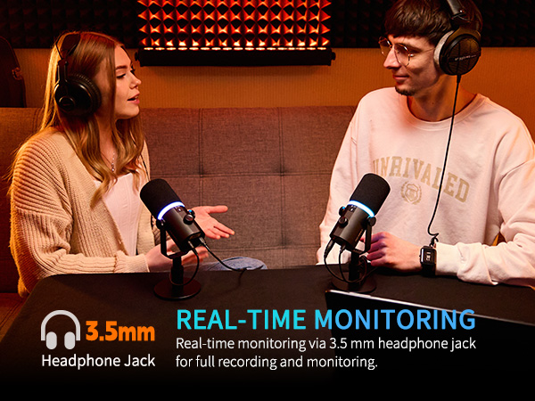 Two people recording a podcast with headphones and microphones. Text overlay highlights 3.5mm headphone jack for real-time monitoring.