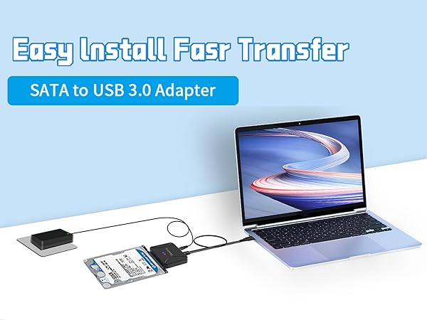 Text reads: 'Easy Install Fast Transfer' and 'SATA to USB 3.0 Adapter'. Illustration shows laptop connected to external drive via adapter cable.