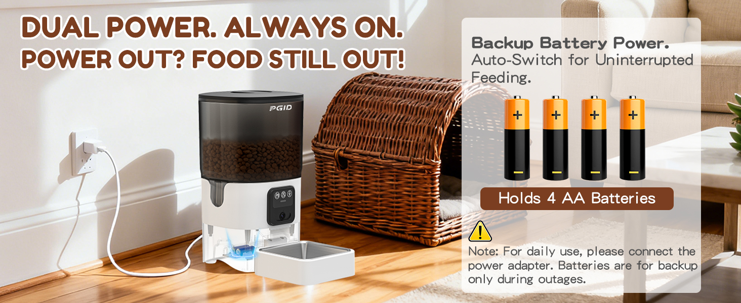 Pet feeder with battery backup for power outage protection.