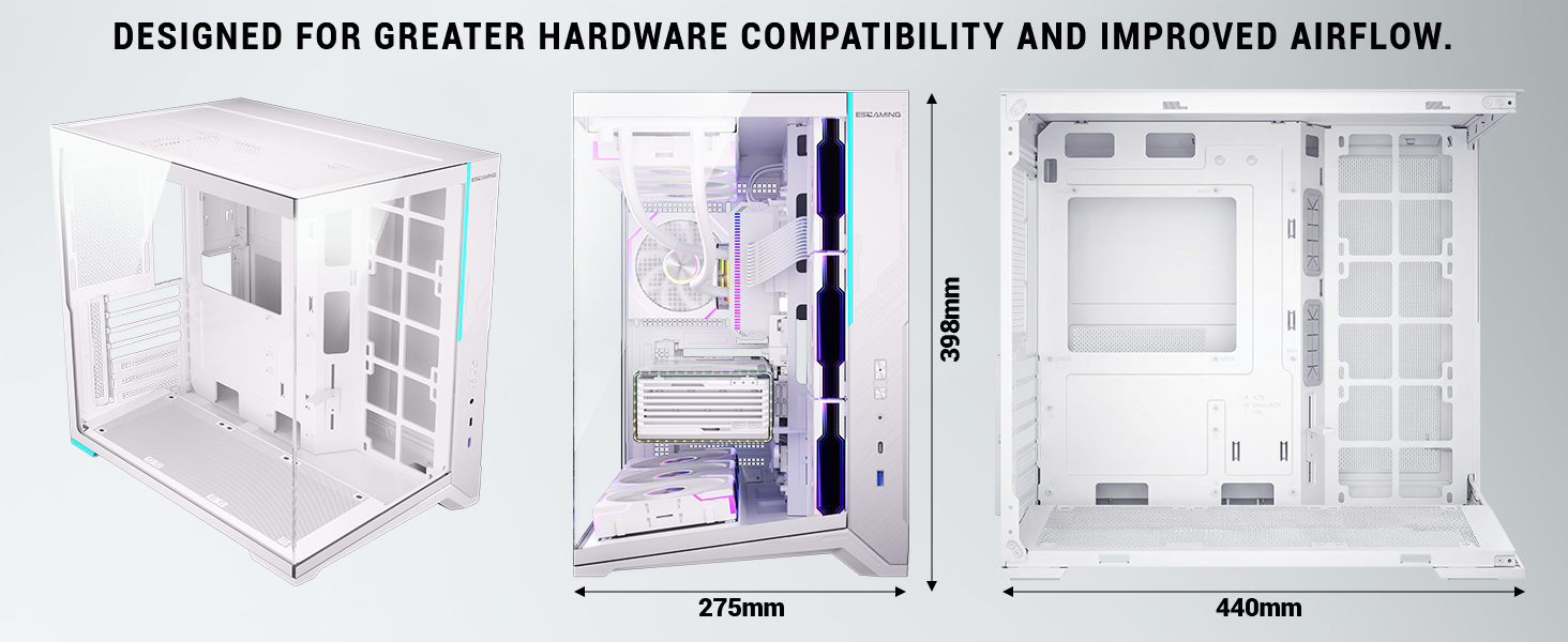 ESGAMING ATX Mid Tower PC Case 360MM RAD Support, 8° Slanted Base, 270° Full View Tempered Glass Gam...