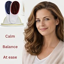 Woman with relaxed expression next to an electric scalp care brush