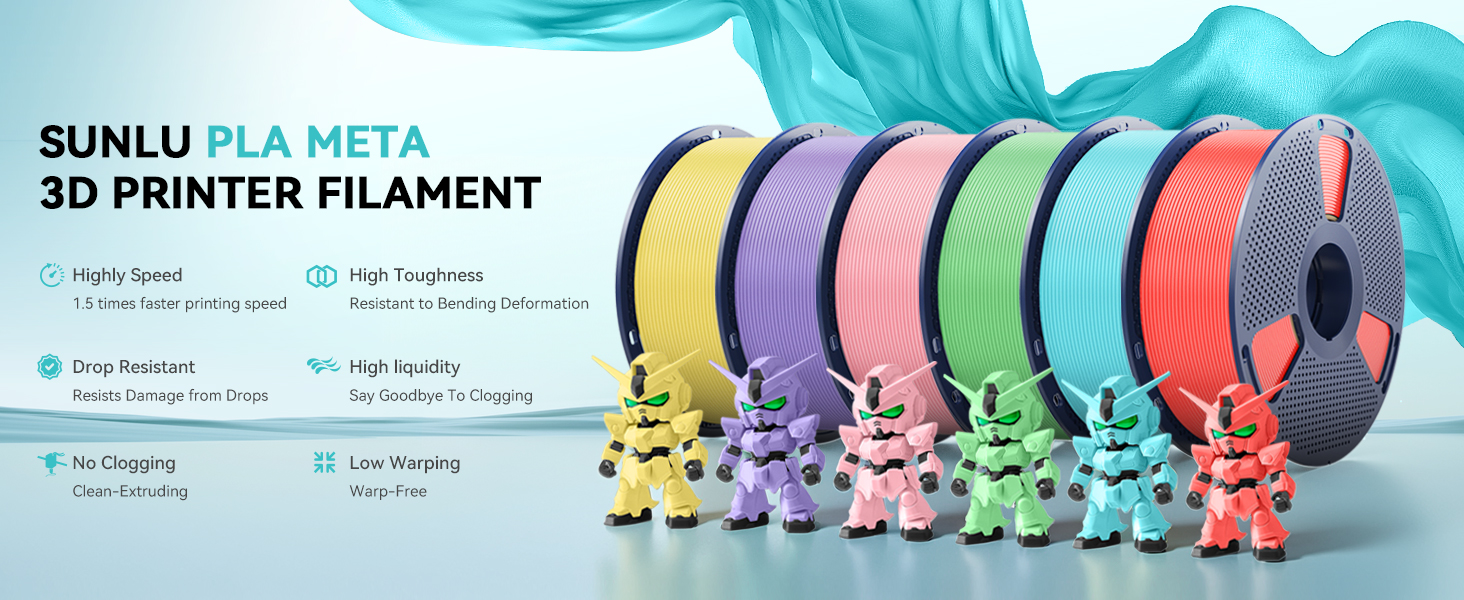 Colorful 3D printer filament spools in various pastel shades. Small figurines in matching colors stand below each spool, demonstrating the filament's use in 3D printing.
