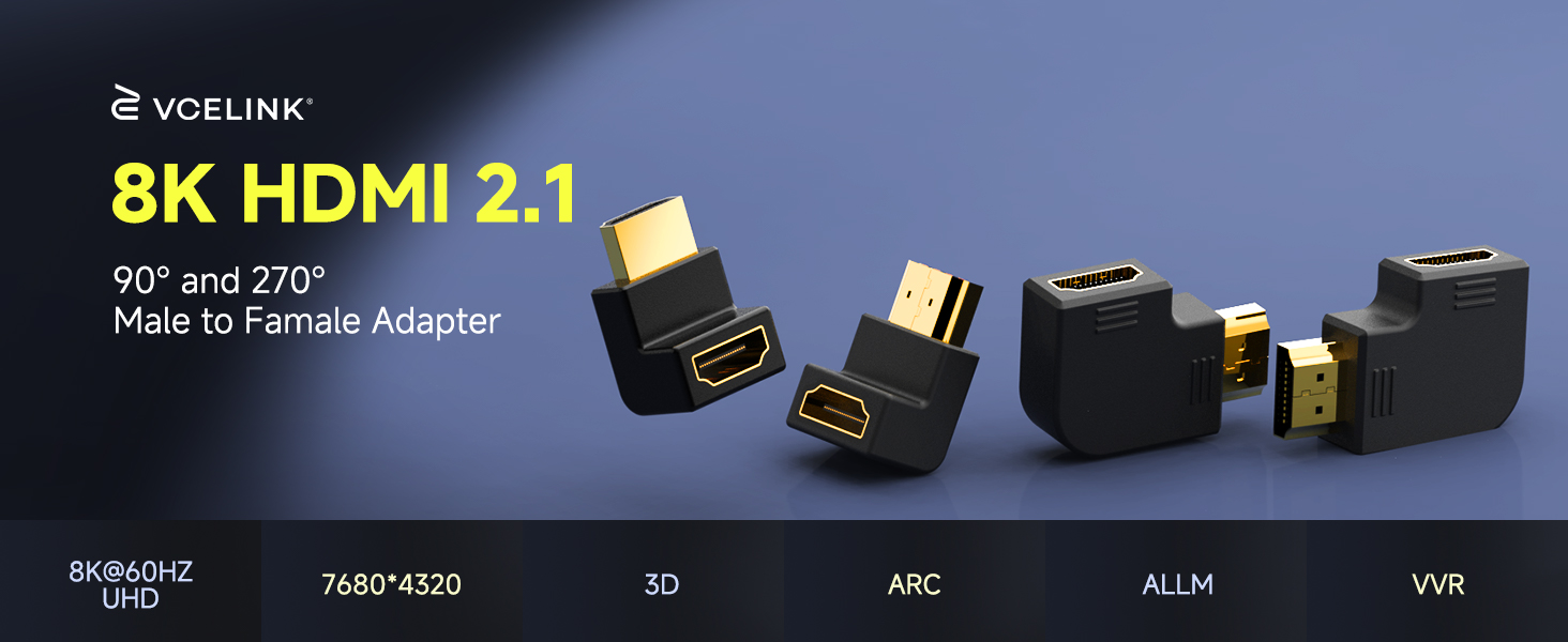VCELINK 8K HDMI 2.1 Right Angle Adapter, 4 Pack Combo 2 Pcs 90 and 270 Degree &amp; 2 Pcs Vertical