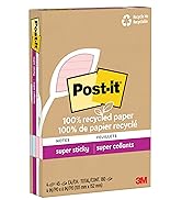 Post-it 100% Recycled Paper Super Sticky Notes, 2X The Sticking Power, 4x6 in, Lined