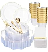 WDF 350Pcs Clear and Gold Plastic Plates - Heavy Duty Clear Plates Disposable - Gold Dinnerware S...