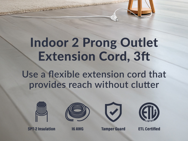 Indoor 2 Prong Outlet Extension Cord 3ft
