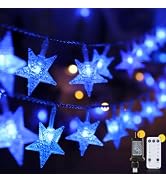 Minetom Blue Star String Lights Plug in - 33 ft 100 LED Star Fairy String Lights with Remote and ...