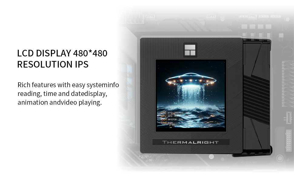 Text reads 'LCD DISPLAY 480*800 RESOLUTION IPS' and describes 'perfect for reading, time and date/play, animation enabling playing'. Black device with small LCD screen displaying waterfall image shown from front and side angles.